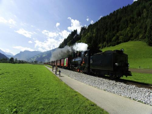 a train is traveling down the tracks near a field at Apartment in Aschau near Ski Slopes in Aschau