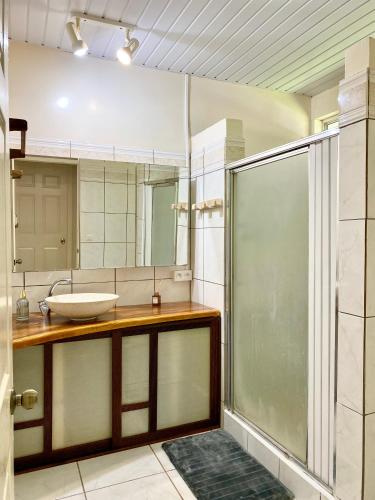 ein Badezimmer mit Waschbecken und Dusche in der Unterkunft Casa Serein in Fare