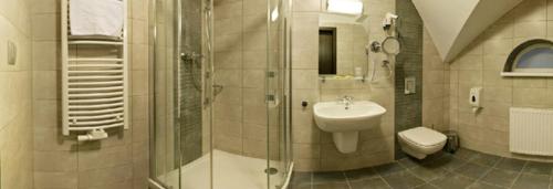 a bathroom with a shower and a sink and a toilet at Hotel Kamienica in Opole