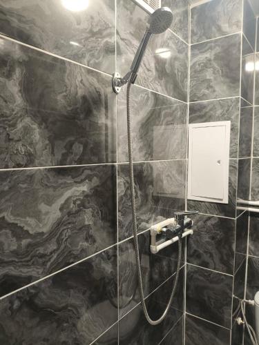 ein Badezimmer mit Dusche und Steinwand in der Unterkunft Miledi in Bălţi