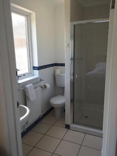 a bathroom with a toilet and a glass shower at Leeford Place Hotel in Battle