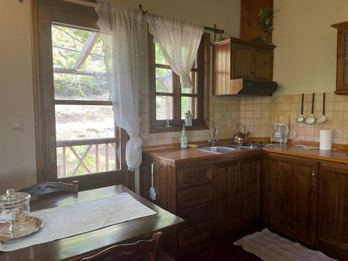 a kitchen with a sink and a window at Matias Kastanies 2 Appartements with privat parking in Mikros Prinos