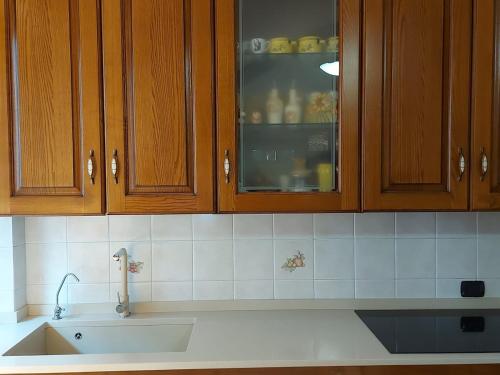 a kitchen counter with a sink and wooden cabinets at Trilocale moderno a 10 min dalla Metro Gessate in Gessate