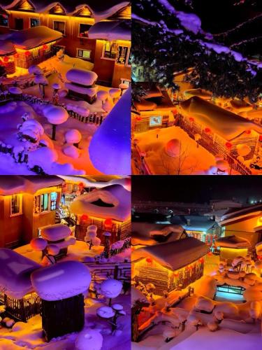 a collage of photos of a building covered in snow at Snow Valley Ruixueju Boutique B&B in Huolonggou