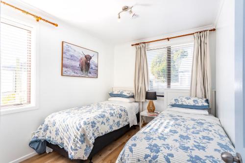two beds in a bedroom with white walls and windows at Matahari Apartments and Villas in Upper Hutt