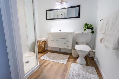 a bathroom with a toilet and a sink and a mirror at Matahari Apartments and Villas in Upper Hutt