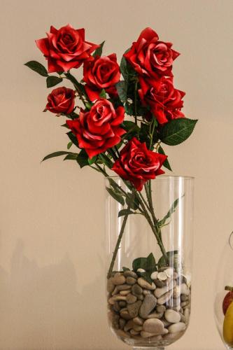 a vase filled with red roses on a table at Hotel Story in Sarajevo