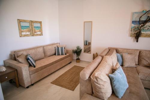 a living room with two brown couches and a mirror at Galanos villa in Krotiri