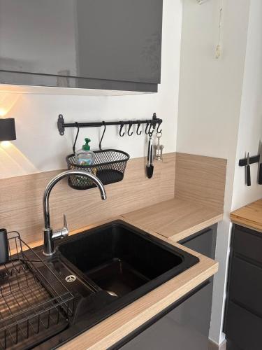 a kitchen with a sink and a counter with utensils at Cocon urbain, appartement 4 personnes avec jardin à 2mn de Vannes, Golfe du Morbihan in Plescop
