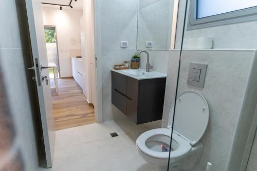 a bathroom with a toilet and a sink and a shower at שושן - אירוח בגליל in Ma‘yan Barukh