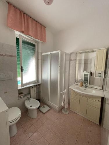 a bathroom with a toilet and a sink and a shower at Cruise Lodge Vista Mare in Genoa