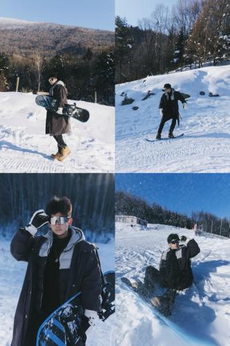 four pictures of a man in the snow with a snowboard at Snow Valley Ruixueju Boutique B&B in Huolonggou