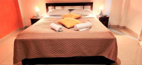 a large bed with two pillows on it with two lamps at Lake View Resort by TropiCube in Pamunugama