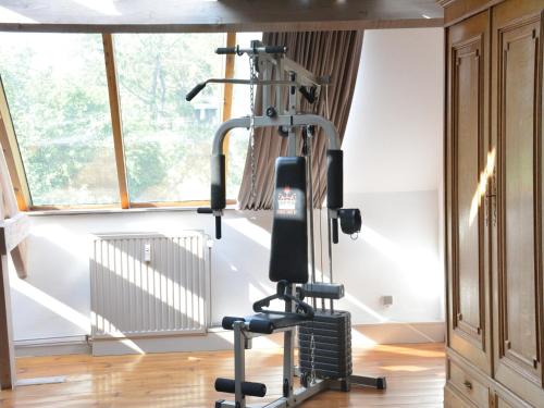 a gym with a treadmill in a room with a window at Family Retreat, Forested Anhée in Denée