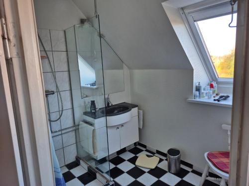 Un pequeño baño con ducha de cristal con suelo de cuadros. en Alice Pedersen Bed and Breakfast, en Bogense