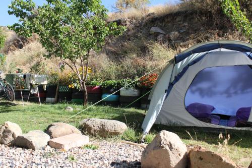 a tent in a field with some rocks at GeghardCamping in Goghtʼ