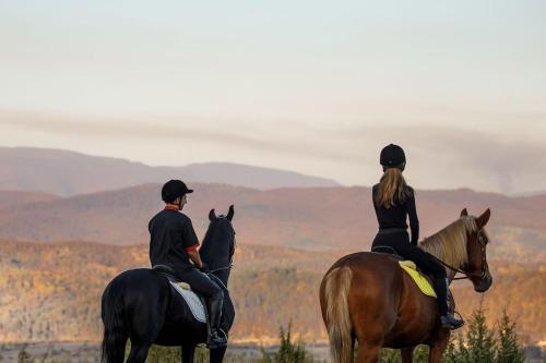 a man and a woman riding horses in the mountains at Котедж "МАГУР" in Bukovets