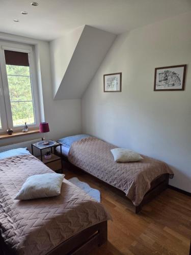 ハジコビにあるObszerny apartament w Charzykowyのベッド2台と窓のある寝室