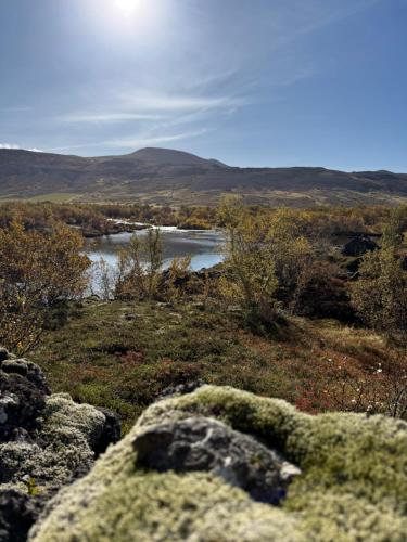 a view of a river in the middle of a field at Luxurious Cabin with Hot tub in Stóri-Ás