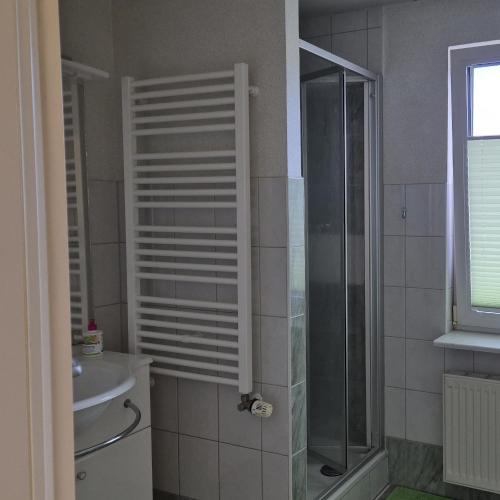 a bathroom with a shower and a sink at Haus Nordereck in Wustrow