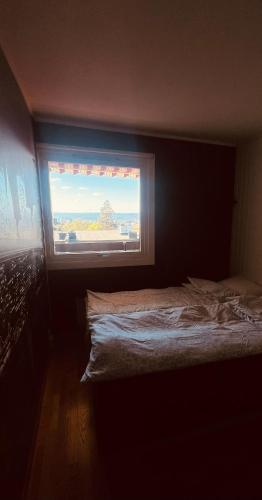 a bedroom with a bed with a window at Cozy place 3 double bed in Oslo
