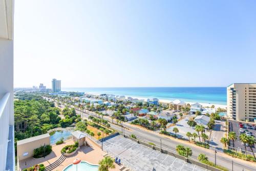an aerial view of the beach and the ocean at Laketown Wharf Condo beach view in Panama City Beach