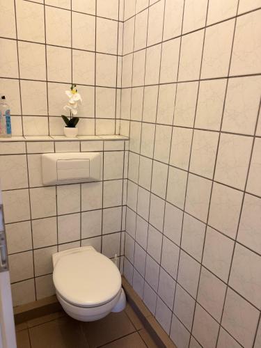 a white tiled bathroom with a toilet and a flower at Marianna Apartman in Szentgotthárd