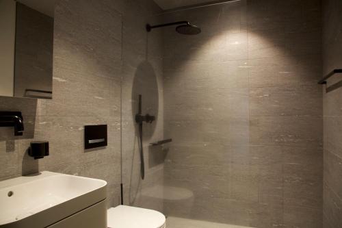 Un baño con ducha, inodoro y lavabo. en Studio 111 loft with views over Aarau, en Aarau