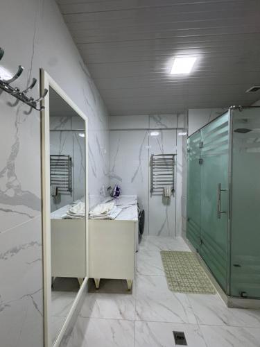 a bathroom with a shower and a sink at Samarkand Central Luxury Apartment in Samarkand