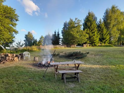 a picnic table and a fire in a field at Astrolipa in Zyzdrojowy Piecek