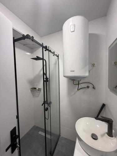 a bathroom with a shower and a toilet and a sink at Bakuriani Cozy Studio in Bakuriani