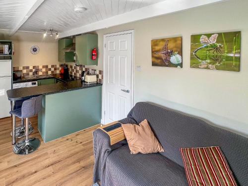 a living room with a couch and a kitchen at Dragonfly One in North Newton