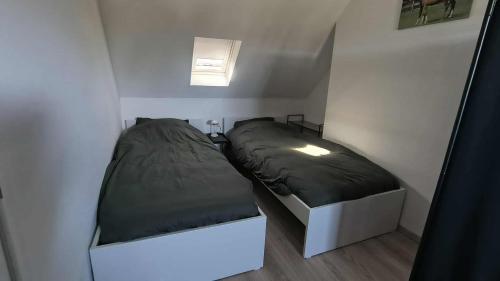 a bedroom with two beds in a white room at Het Zonnetje Zonnebeke in Zonnebeke