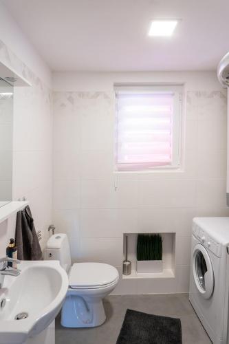 a white bathroom with a toilet and a sink at Ady Apartmanház in Orfű