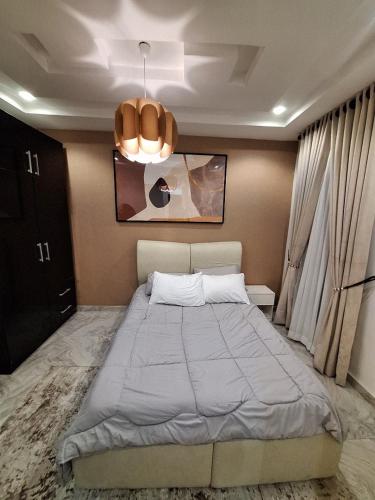 a bedroom with a large bed and a chandelier at Cozy 1 Bedroom Studio Apartment in a Gated Estate in Lagos
