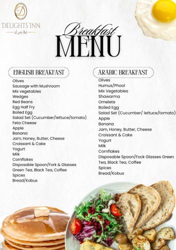 een menu voor een ontbijtmenu met een bord eten bij Delights Inn - Green Oasis Hotel in Al Madinah