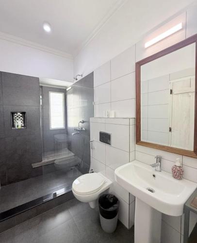 a bathroom with a toilet and a sink and a mirror at Little Garden Guest House in Udaipur