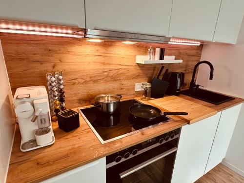 a kitchen with a counter top with a stove at Chloe's Apartments 2 in Gloggnitz