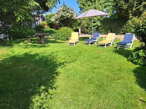 a group of chairs and an umbrella on a lawn at Le Logis Fleurs et jardins de Pitry in Thierville