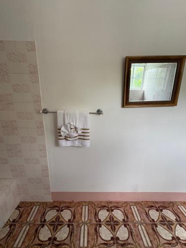 a bathroom with a window and towels on a wall at Blissful Oasis by Castle Adora in Tower Isle