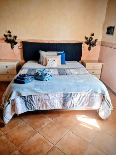 a bedroom with a large bed with a blue comforter at B&B Camera delle Camelie in Palestrina
