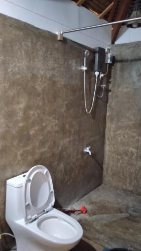 a white toilet in a bathroom with a shower at Lutaw Farm Pool and Villas in General Luna