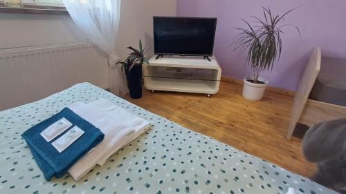 a room with a bed and a laptop computer on a table at Ubytovaní U Dvora in Bohumín
