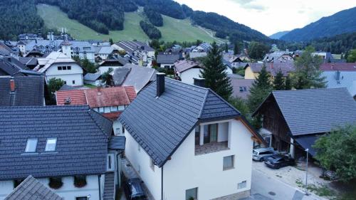 a village with houses and mountains in the background at ALPSKA ROŽA in Kranjska Gora
