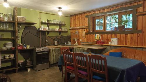 a kitchen with wooden walls and a table with chairs at Noclegi Kamionka in Cisna