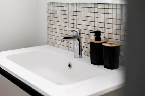 a bathroom sink with a faucet and two trash cans at A21 Rhine view condo by the 3-countries-bridge in Huningue