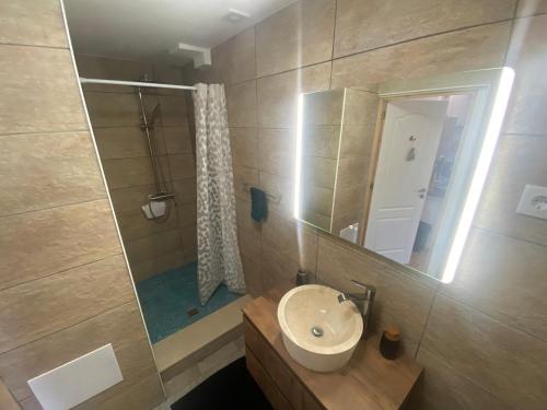 a bathroom with a sink and a mirror and a shower at Casa lovits - Cozy One-Bedroom Apartment with Modern Comforts in Espinhal