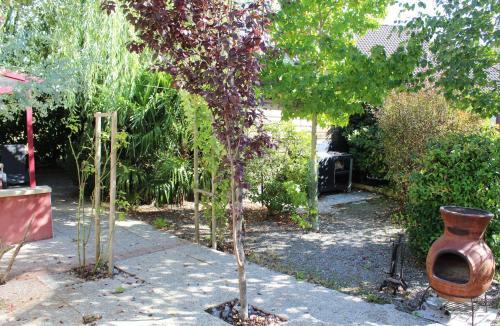 a garden with a small tree and a large vase at Ô Rethel Jacuzzi, Gîte Ardennes in Rethel