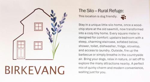 a flyer with a house and a bouquet of lavender at Birkevang The Silo - Rural refuge in Faxe
