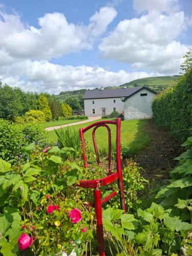 a red chair in the middle of a garden at The Farmhouse in Spinans Cross Roads